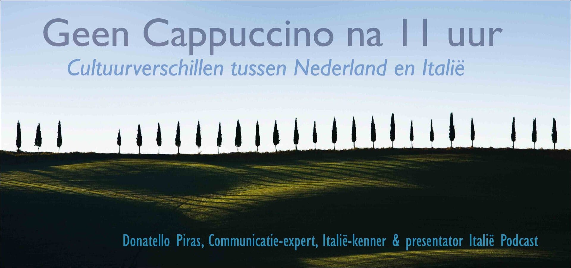 Landschap met bomen en blauwe lucht en tekst 'Geen Cappuccino na 11 uur'